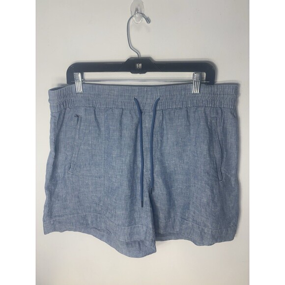 Athleta Womens Retreat Linen Shorts Sz 14 Chambray Blue  Zip Pockets Drawstring - Picture 1 of 11